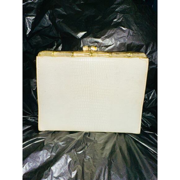 VINTAGE 40s 50s WHITE/OFF WHITE LIZARD/LEATHER BELT BAG OR CLUTCH FRAME BAG - Picture 2 of 10
